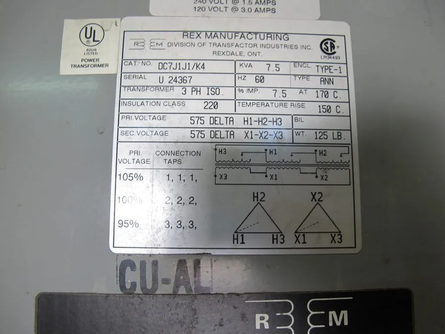 Трансформатор Rex DC7J1J1/K4 Isolation Transformer 7.5 KVA 3 Phase 575 X 575 VOL — фото лота 1