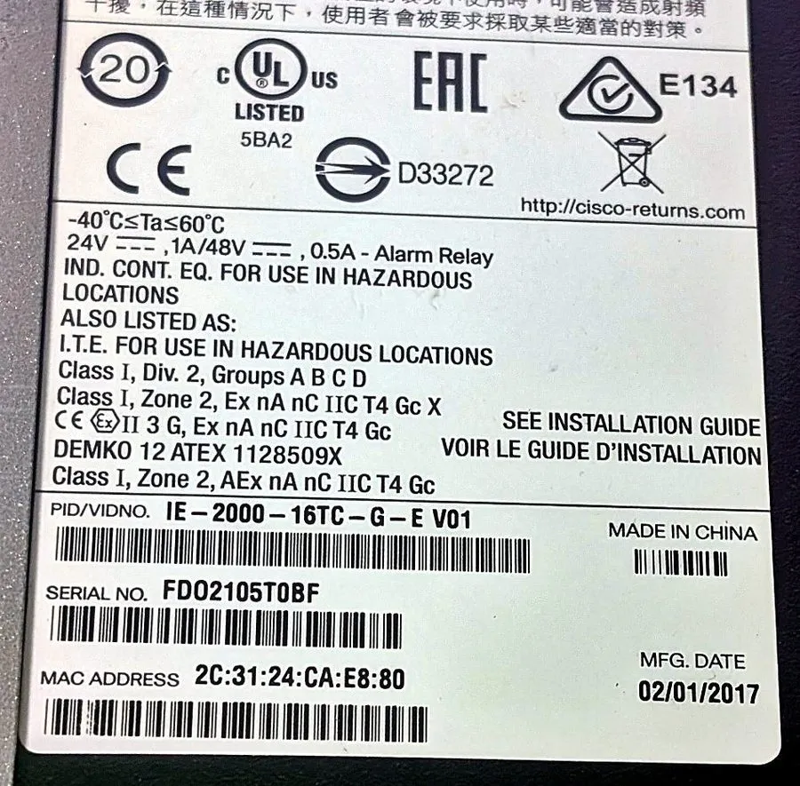 Коммутатор Cisco IE-2000-16TC-G-E Industrial Switch 16-Port Fast Ethernet