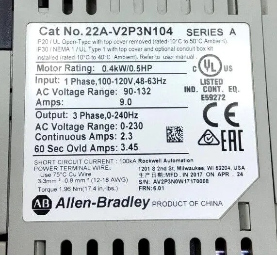 Частотный преобразователь ALLEN-BRADLEY DRIVE POWERFLEX 4 22A-V2P3N104