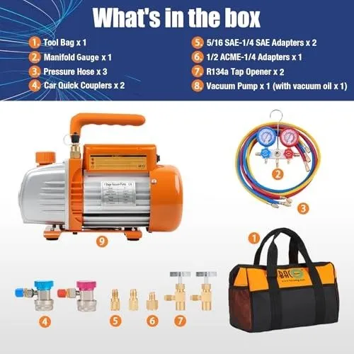 Насос 3.6CFM 1/4HP AC Vacuum Pump and Gauge Set, HVAC Vacuum Pump Kit & 3Way