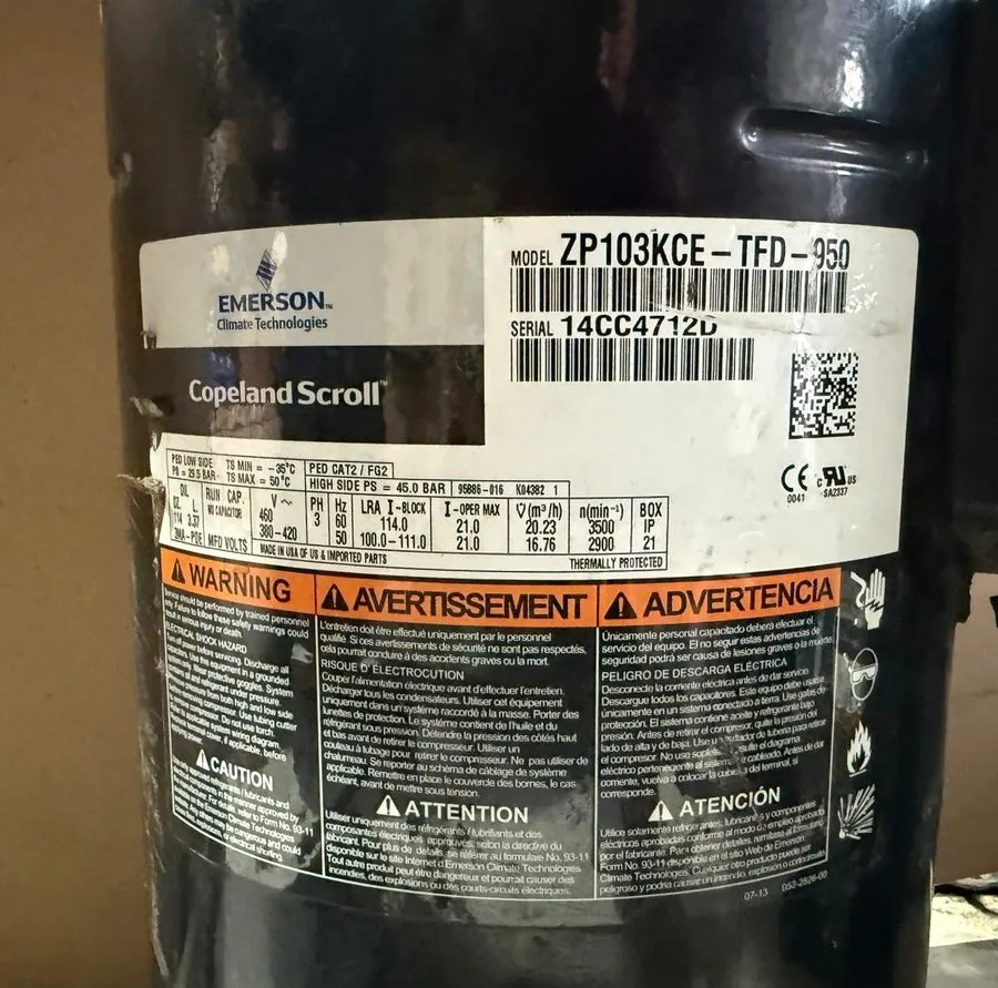 Компрессор COPELAND SCROLL COMPRESSOR ZP103KCE-TFD-950 460V 3PH