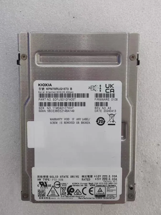 Kioxia KPM7XRUG15T3 15.36TB SAS 24Gbps 2.5 inch SSD Solid State Drives