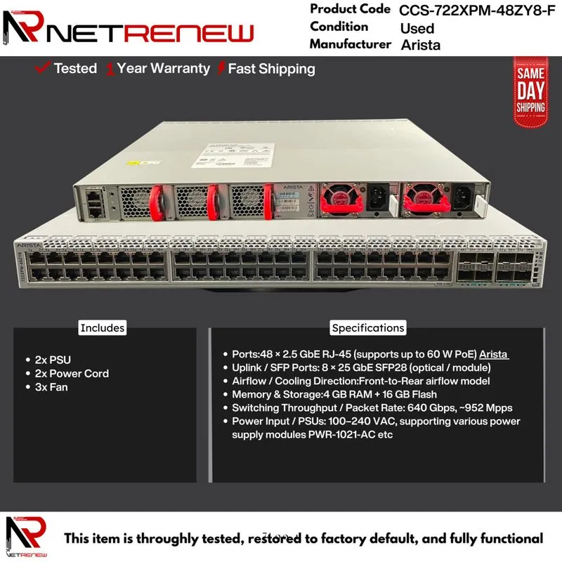 Коммутатор Arista CCS-722XPM-48ZY8-F 48×2.5G 60W PoE + 8×25G SFP28 Switch