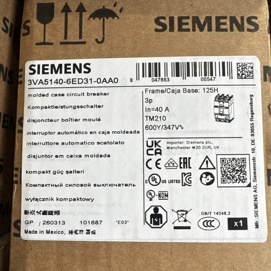 Автоматический выключатель SIEMENS 3VA5140-6ED31-0AA0 CIRCUIT BREAKER, 3P 40A 48