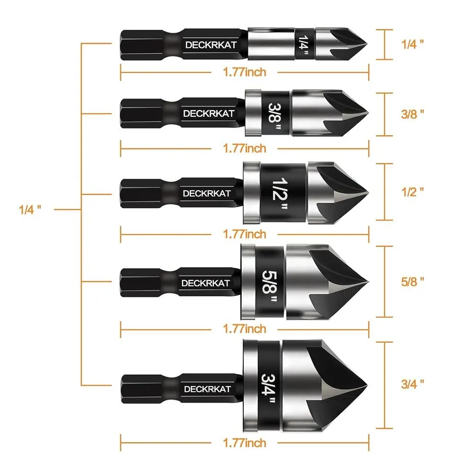 Режущий инструмент Countersink Drill Bit Set, 82 Degree, 5Flute with 1/4” Quick  — фото лота 1