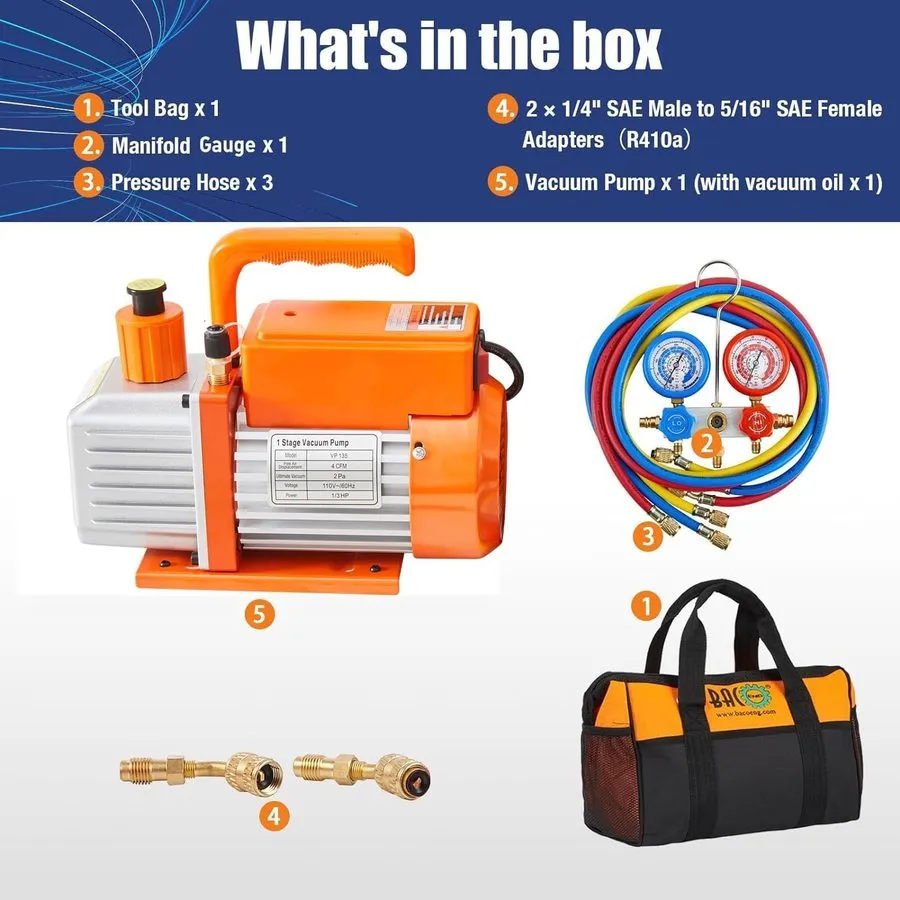 Насос HVAC Vacuum Pump Kit 4 CFM Sparkless Motor Gauge Set R32 R410a 10.6x4.7x9.