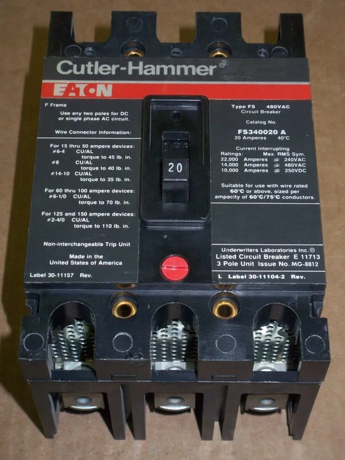Автоматический выключатель Eaton Cutler Hammer FS340020A 20 Amp 3 Pole 480V FS C
