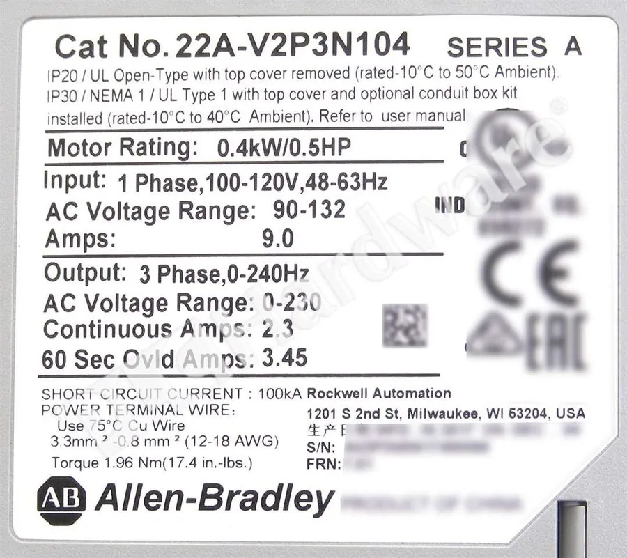 Частотный преобразователь 22A-V2P3N104 Allen Bradley PowerFlex 4 0.4KW 0.5HP AC