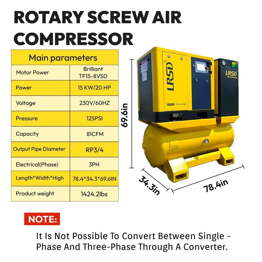 Компрессор 20HP All-in-One Rotary Screw Air Compressor 81CFM 208V-230V/ 80Gallon — фото лота 1