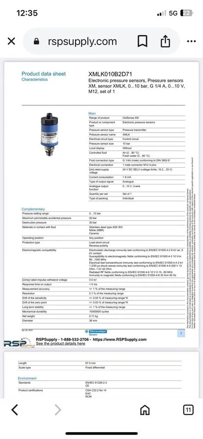 Датчик давления Telemecanique XLMK010B2D71 Pressure Transmitter — фото лота 1