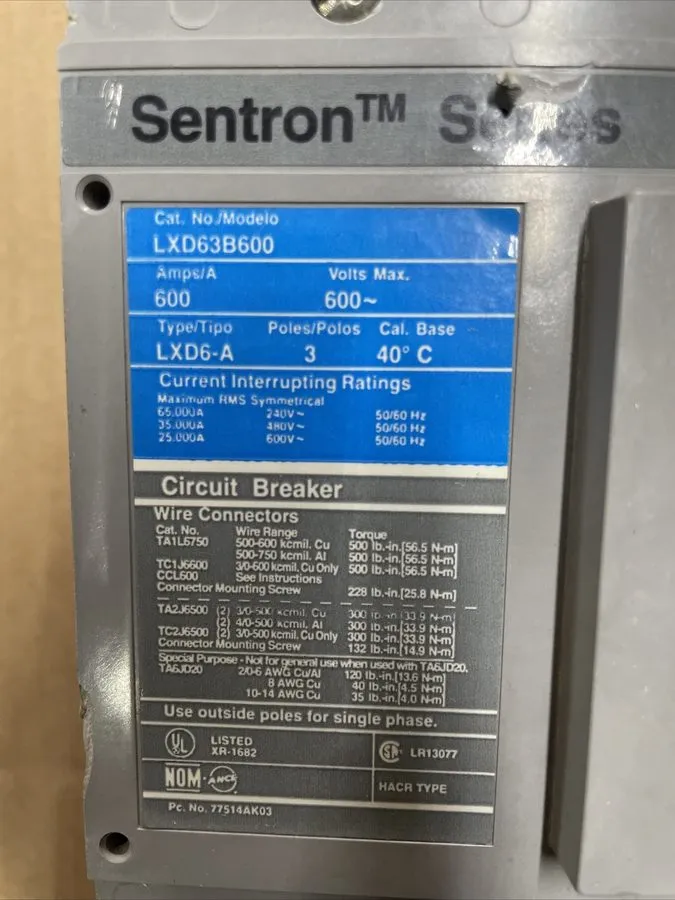 Автоматический выключатель Siemens Sentron LXD63B600 Main Breaker 600A 3-Pole 60