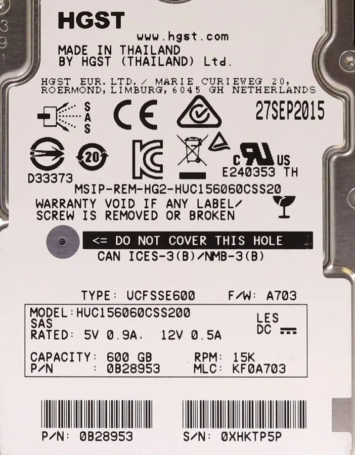 Жёсткий диск 0B28953 Hitachi 600GB 15K RPM 12Gbps 2.5" SAS HDD Hard Drive HUC156