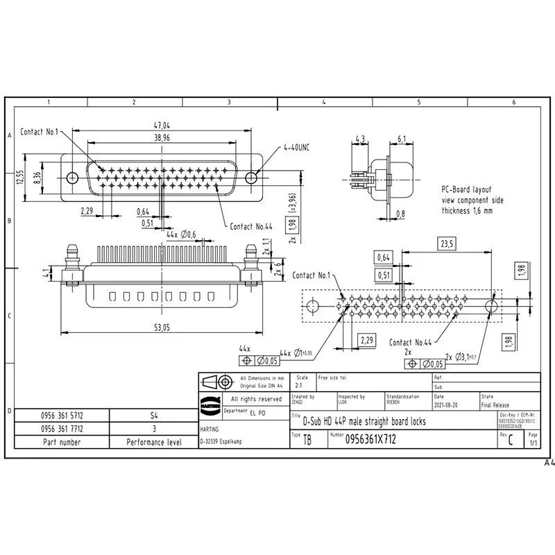 Разъём HARTING Male Connector 09563615712 44-pin