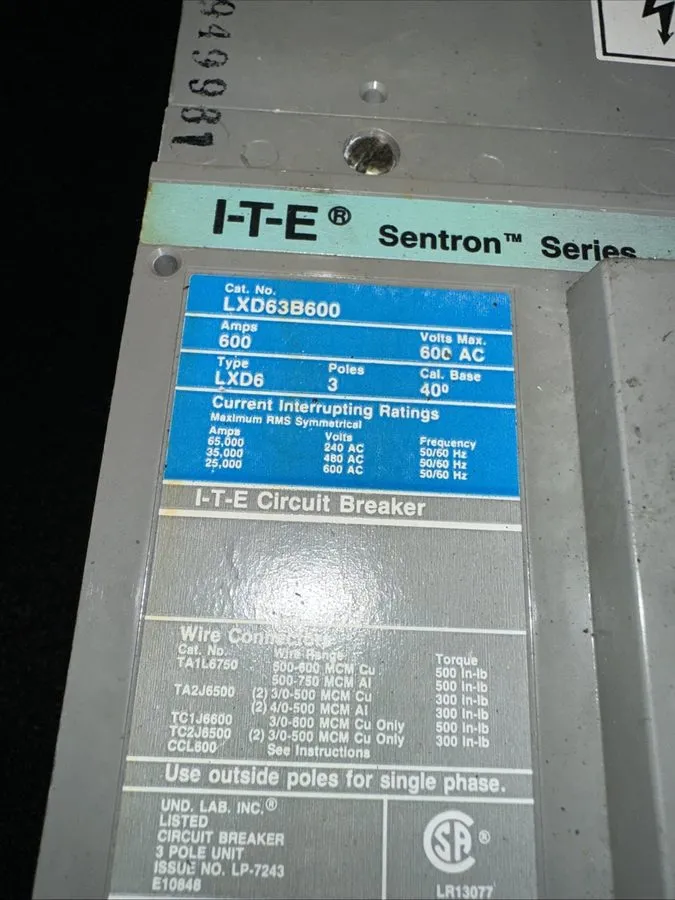 Автоматический выключатель Siemens lxd63s600a Sentron Series 600A 600V 3P Circui — фото лота 1