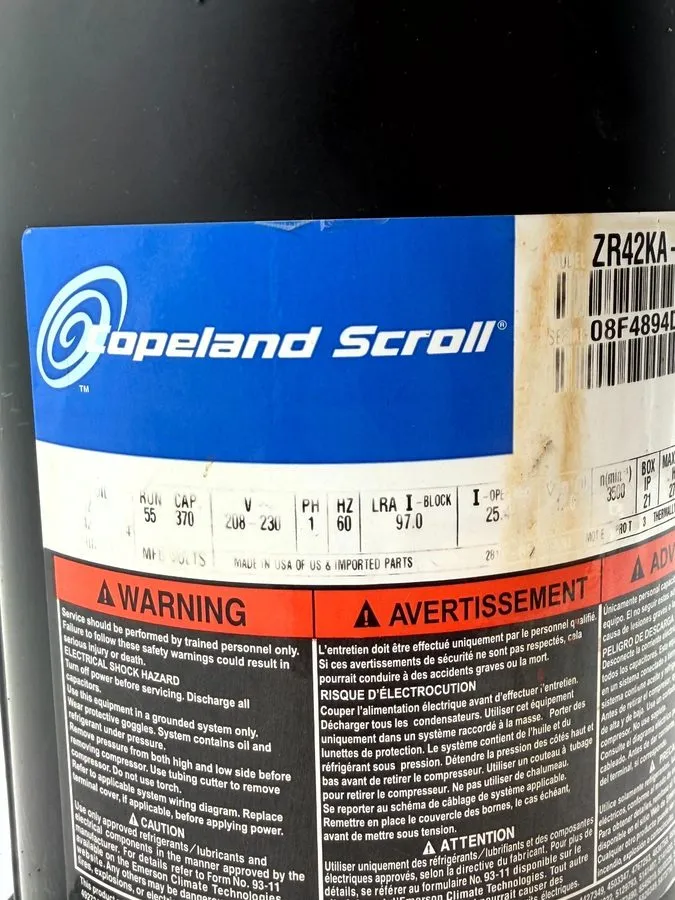 Компрессор Copeland 3.5 Ton Scroll A/C Condenser Compressor ZR42KA-PFV-130 ZR42K — фото лота 1