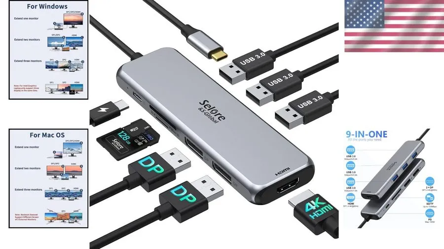 Док-станция Fast-Charging 9-in-1 USB C Hub with Triple Monitor Support Sleek Sil