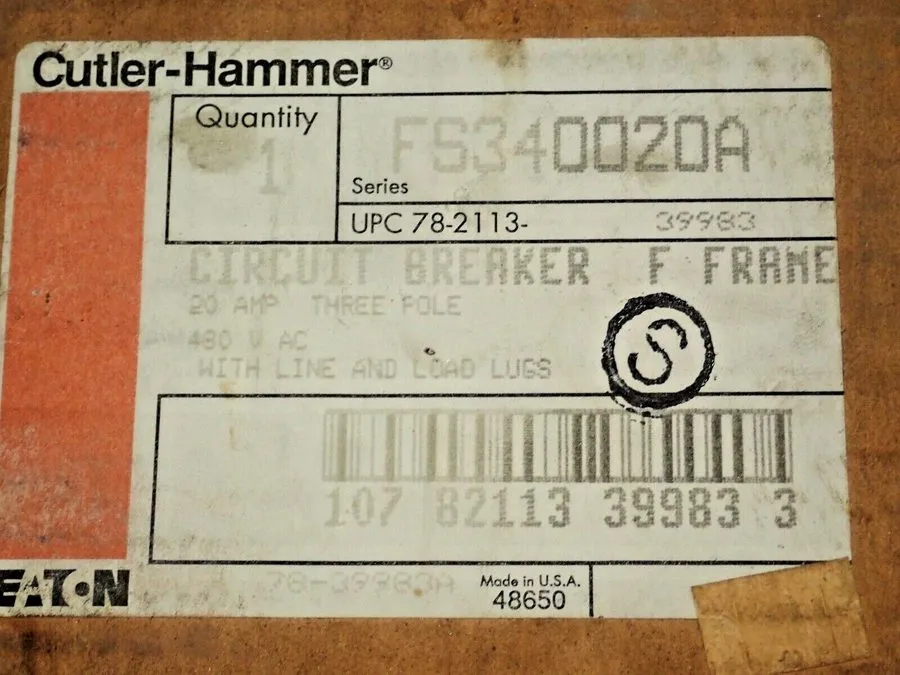 Автоматический выключатель Eaton Cutler Hammer FS340020A 20 Amp 3 Pole 480V FS C