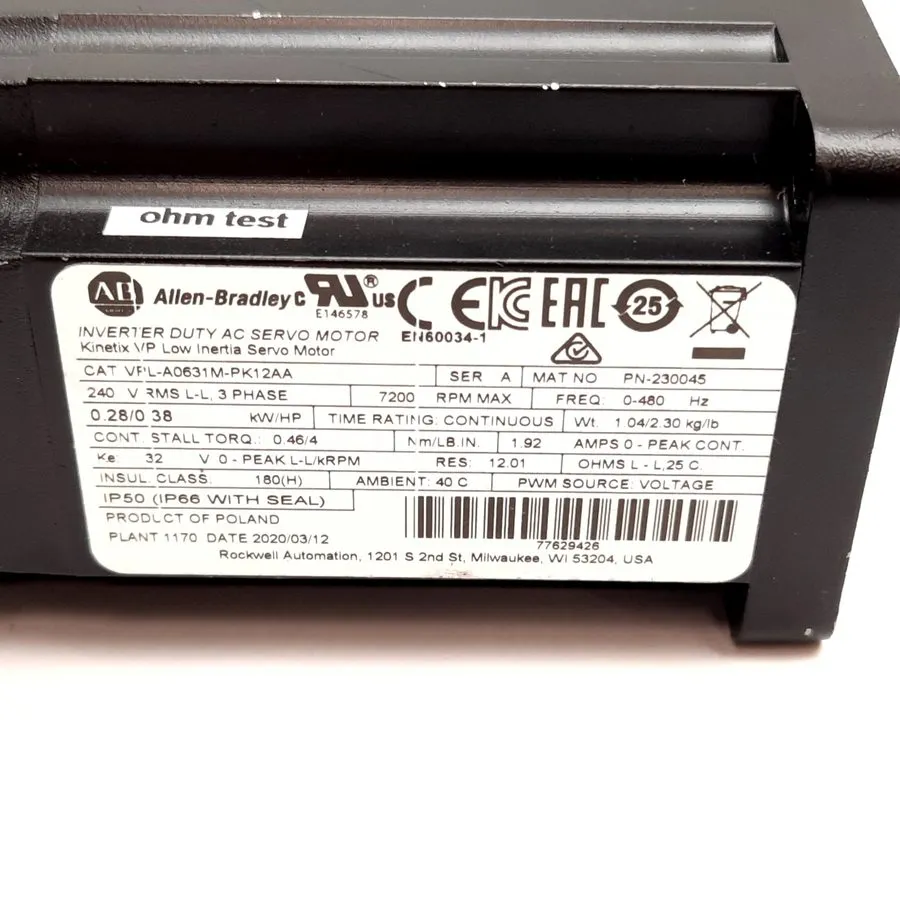 Серводвигатель Allen Bradley VPL-A0631M-PK12AA Servo Motor