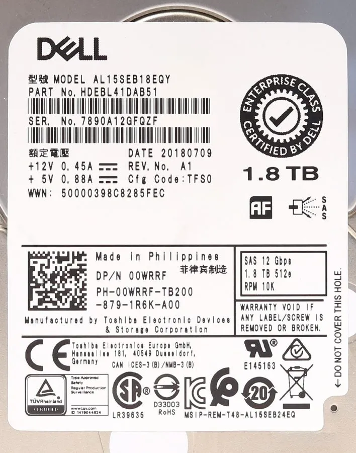 Жёсткий диск 0WRRF Dell 1.8TB 10K 12Gbps SAS 2.5'' 512e HDD Hard Drive 00WRRF AL