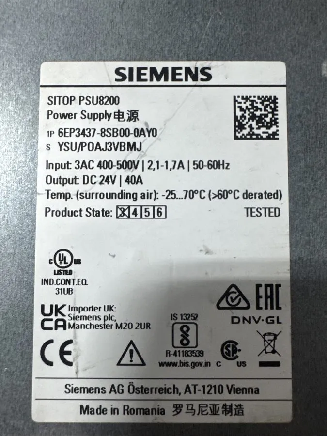 Блок питания Siemens 6EP3437-8SB00-0AY0 24VDC 40A Power Supply, SITOP PSU8200