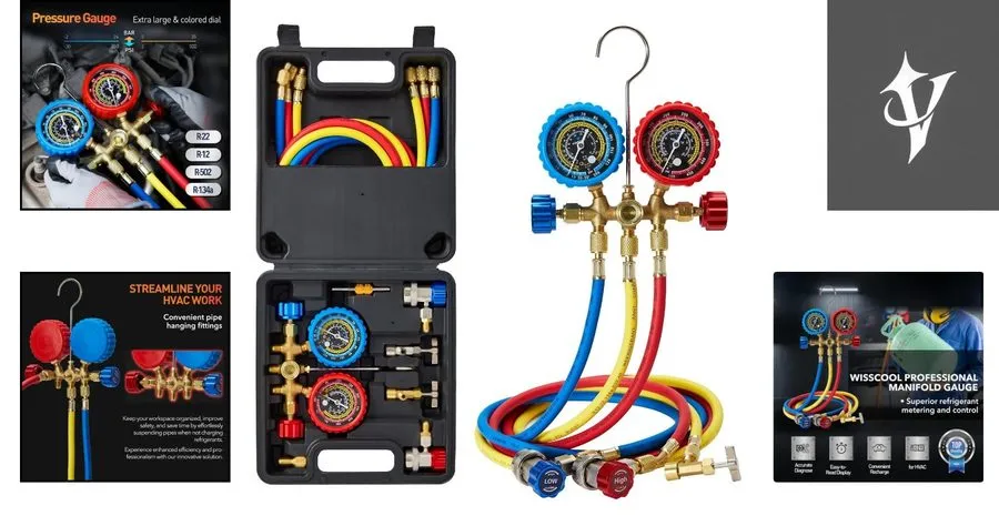 Клапан 3-Valve AC Gauge Set: Durable Hoses, Quick Couplers & Moisture Indicator