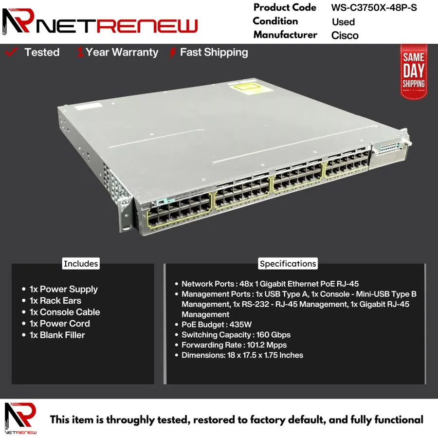 Коммутатор Cisco WS-C3750X-48P-S 48 Port PoE Gigabit Switch W/C3KX-NM-10G
