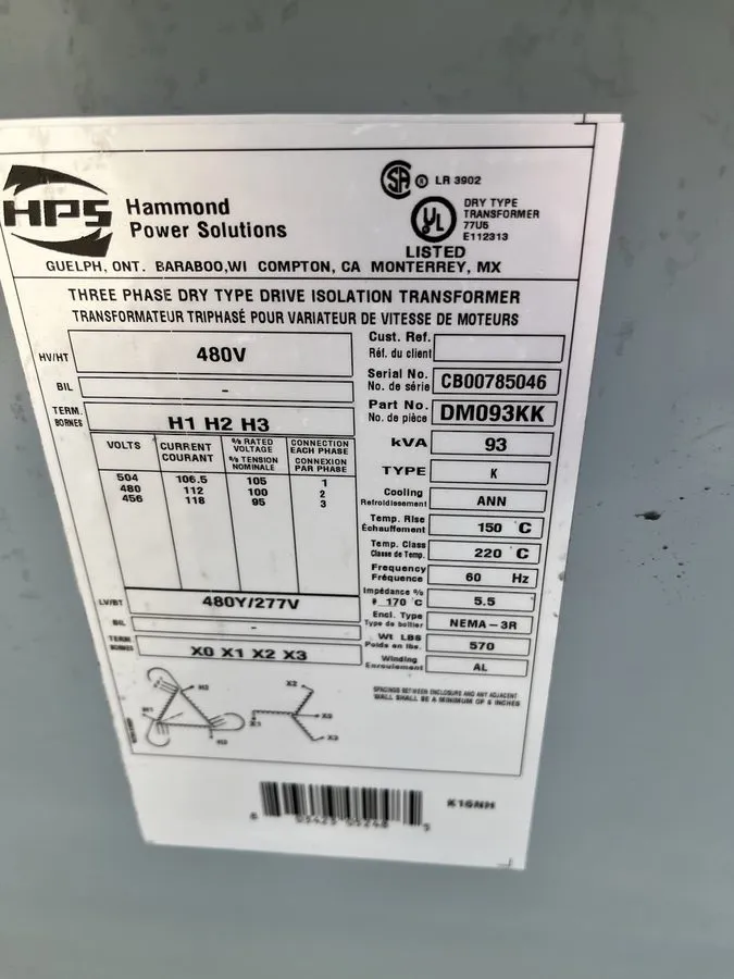 Трансформатор Hammond HPS DM093KK 93kVA 480V-480Y/277V 3PH Drive Isolation Trans