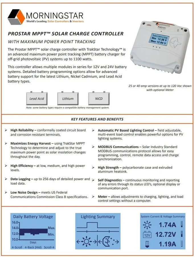 Аккумулятор Morningstar PS-MPPT-25M ProStar MPPT 25A Solar Charge Controller wit