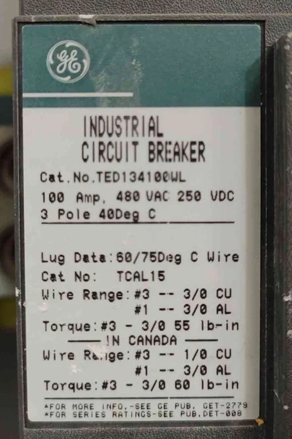 Автоматический выключатель GE Circuit Breaker TED134100WL 100A 3 Pole TED134100 