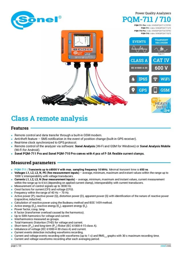 Анализатор Sonel PQM-711 Power Quality Analyzer TRMS 1000V WiFi 10 MHz Sampling  — фото лота 1