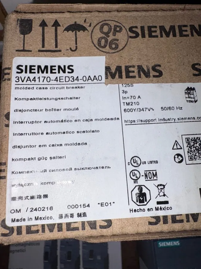 Автоматический выключатель SIEMENS 3VA4170-4ED34-0AA0 3 POLE 70 AMP BREAKER. B43