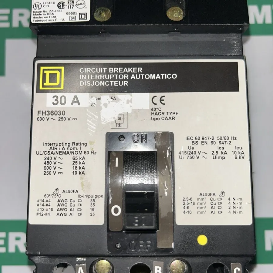 Автоматический выключатель Square D FH36030 30 Amp 600 VAC 3 Pole 25kA@480v I-Li — фото лота 1