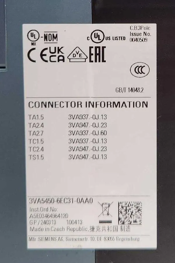 Автоматический выключатель SIEMENS 3VA5450-6EC31-0AA0 Circuit Breaker 3 POLE 500