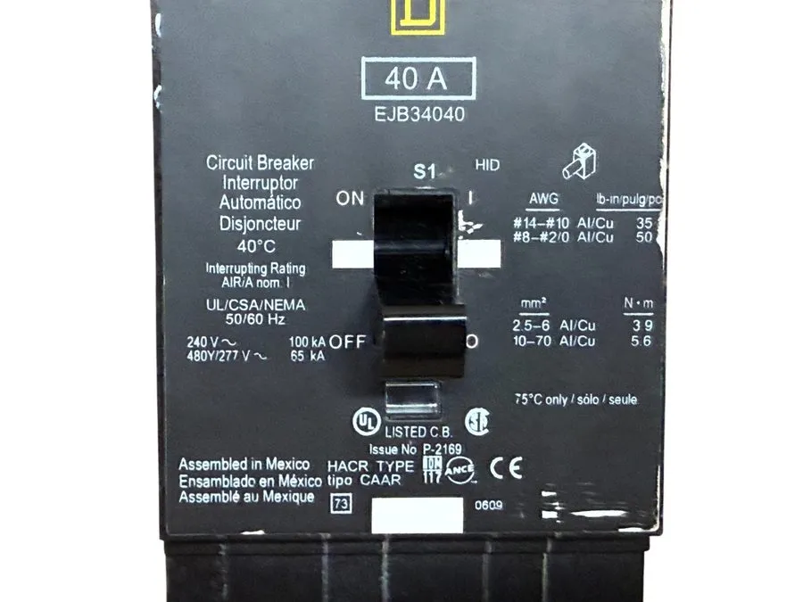 Автоматический выключатель Square D EJB34040 40A 3-Pole 480V Circuit Breaker I-L — фото лота 1
