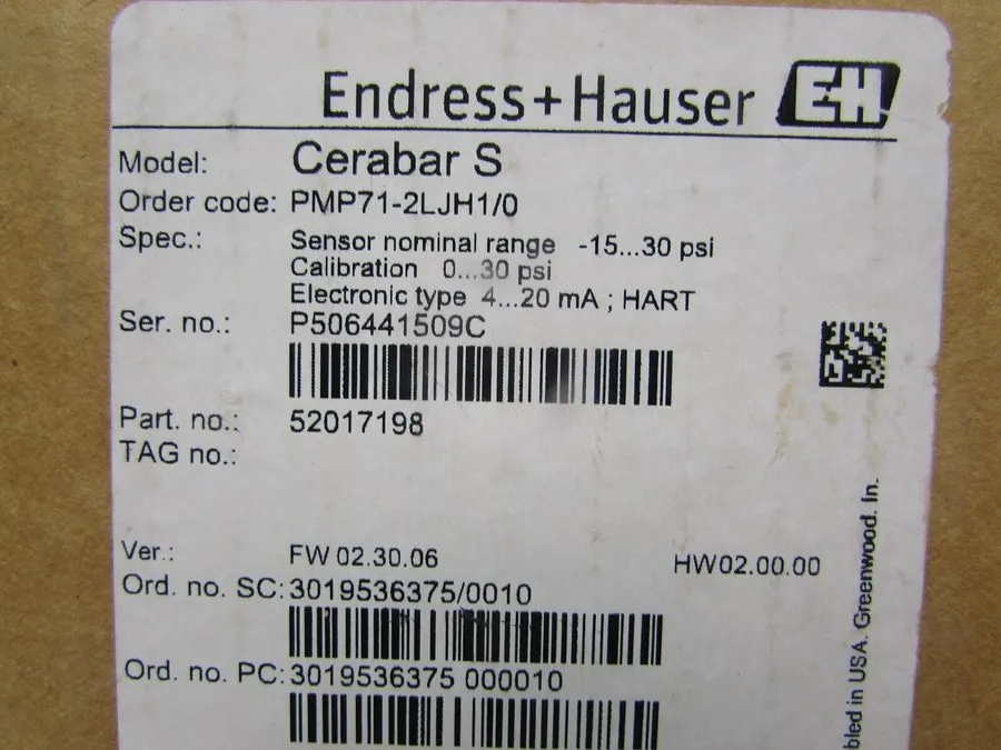 Датчик давления ENDRESS HAUSER, PMP71-2LJH1/0, 1/2" MNPT PRESSURE TRANSMITTER, S