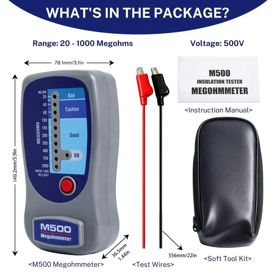 Тестер M500 LED Megohmmeter 500 V Insulation Tester 20-1000 MΩ With Leads