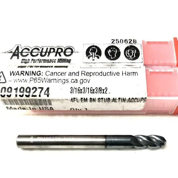 Режущий инструмент Accupro 09199274 3/16" 4FL Ball Nose Solid Carbide End Mill A