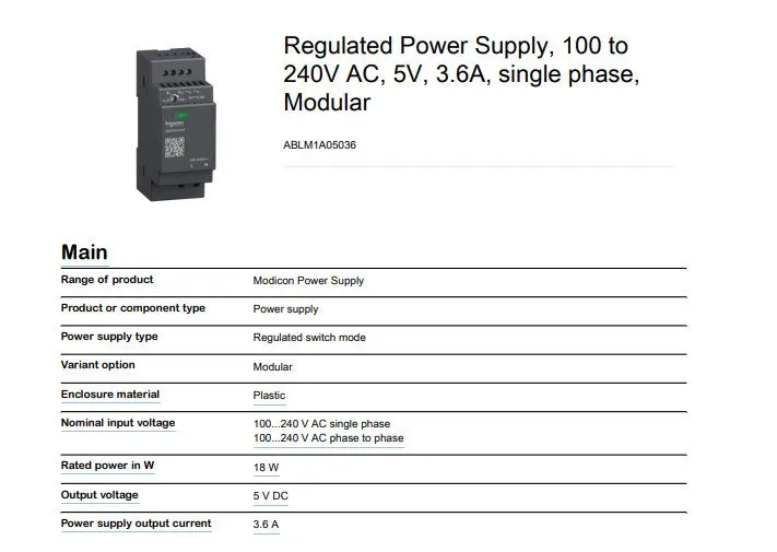 Блок питания Schneider ABLM1A05036 Modicon 18W 5V 3.6A DIN Rail Power Supply NEC — фото лота 1
