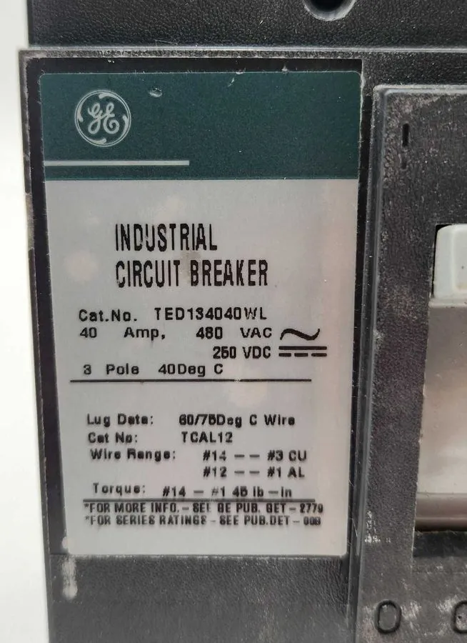 Автоматический выключатель General Electric GE TED134040WL 3p 40a 480v Circuit B