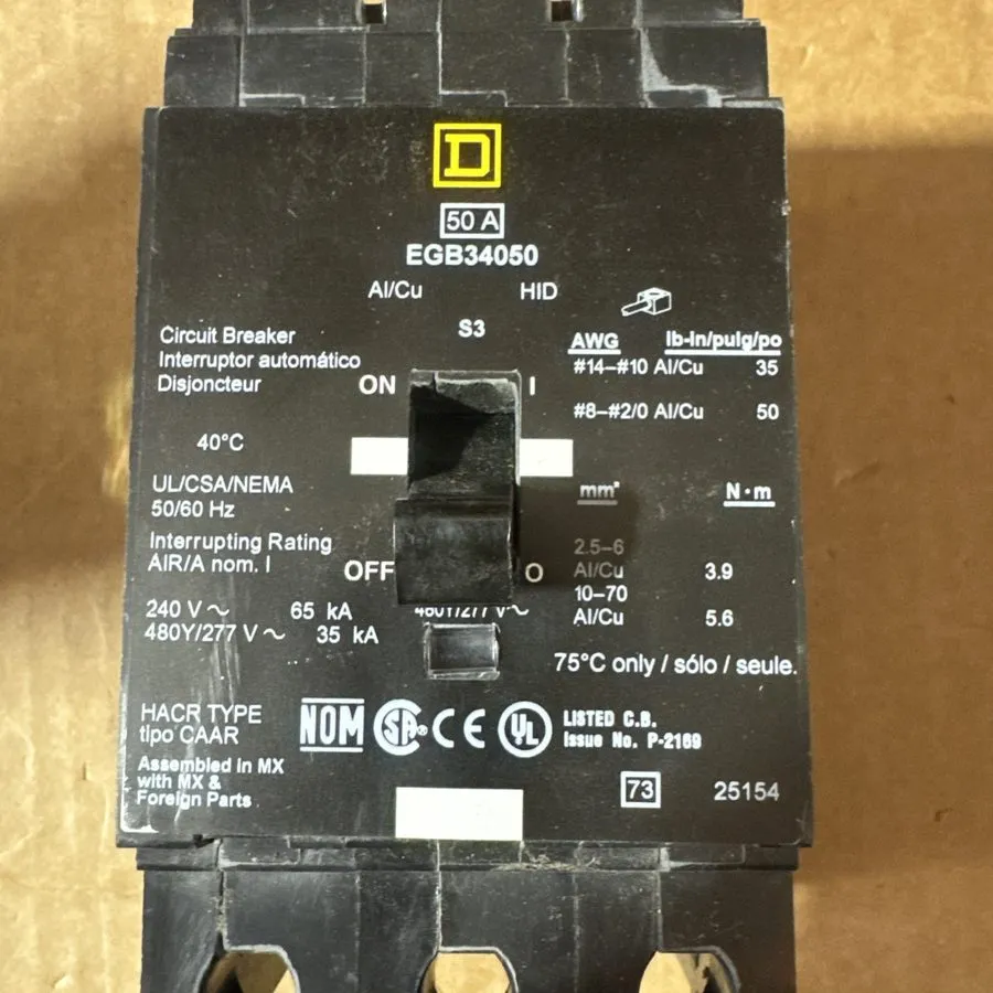 Автоматический выключатель Square D EGB34050 3 Pole 50 Amp 480V Circuit Breaker