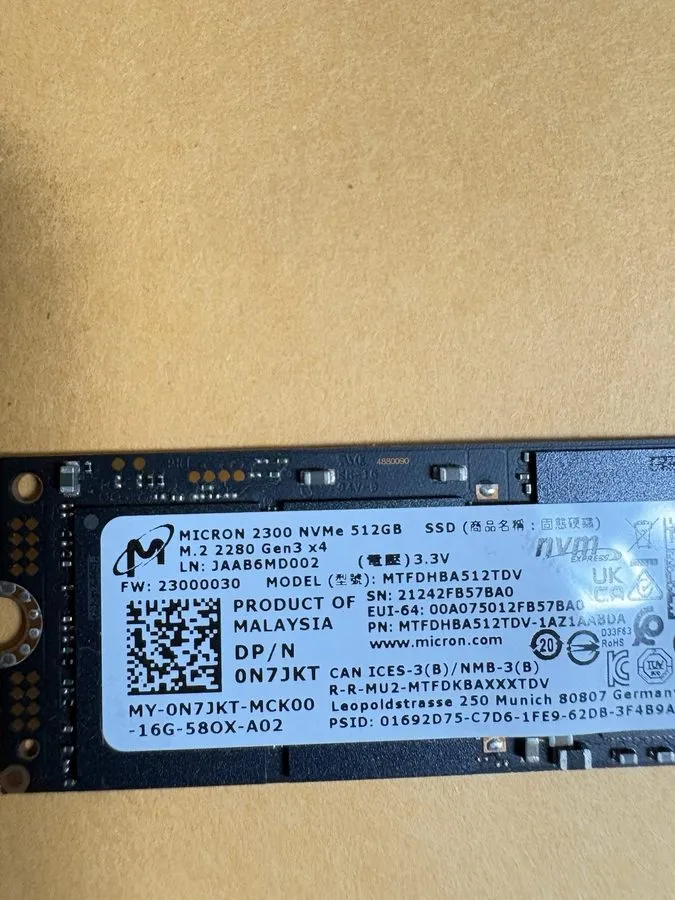 SSD-накопитель Micron 2300 512GB M.2 2280 NVMe PCIe Gen3 x4 SSD MTFDHBA512TDV