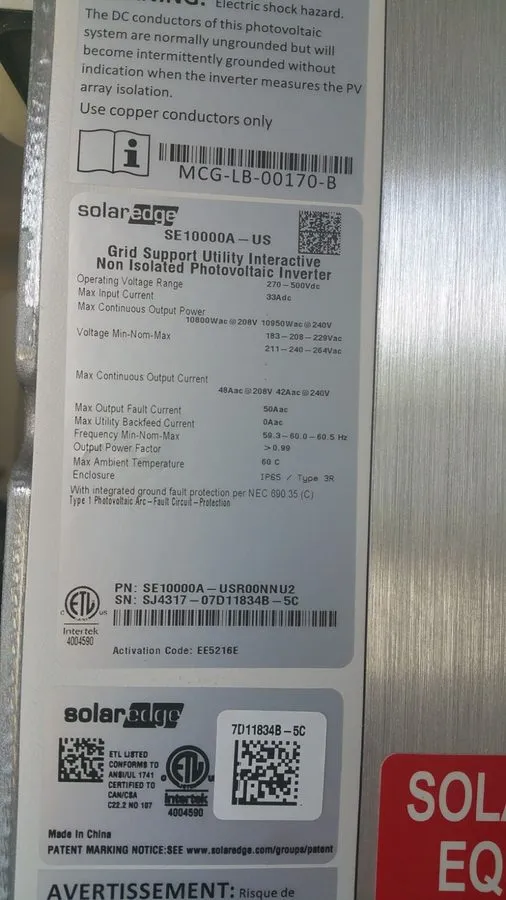 Инвертор SolarEdge SE10000A-US Inverter with DC Safety Switch & 30 x 400 Watt Op