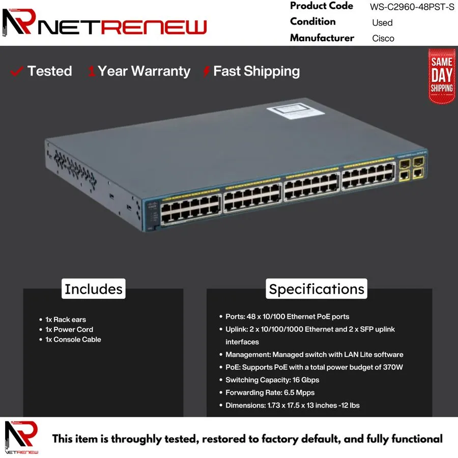 Коммутатор Cisco Catalyst WS-C2960-48PST-S 48-Port 10/100 PoE 2xGbE 2xSFP Switch