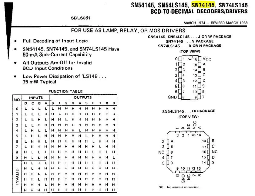 Микросхема Texas Instruments SN74145N IC, BCD Decoder Decimal Driver, 16 Dip