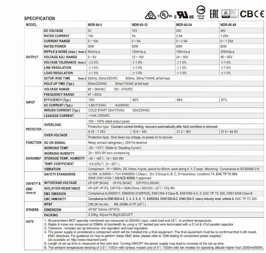 Блок питания MDR-60-48 MEANWELL 60W 48VDC 1.25A 115/230VAC Industrial DIN Rail P