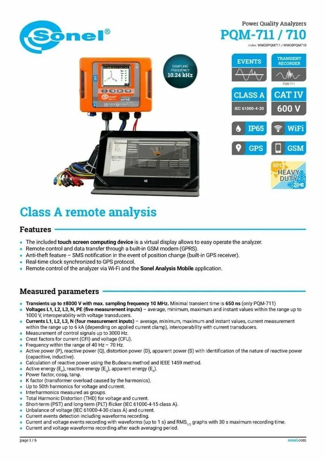 Анализатор Sonel PQM-711 Power Quality Analyzer TRMS 1000V WiFi 10 MHz Sampling 