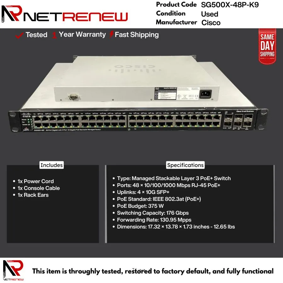 Коммутатор Cisco SG500X-48P-K9 Managed Switch 48 Port PoE+ Stackable