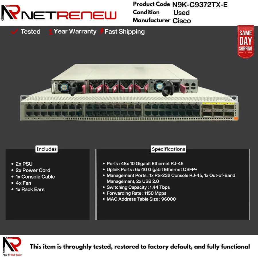 Коммутатор N9K-C9372TX-E Cisco Nexus 48 Port 1/10G-T 6 Port 40G QSFP+ Front-to-B
