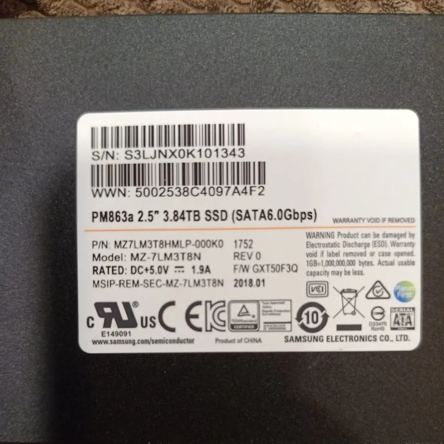 SSD-накопитель Samsung PM863a 3.84TB 2.5" SSD SATA III Hard Drive MZ-7LM3T8N MZ7