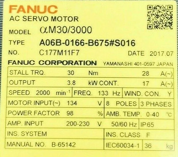 Серводвигатель FANUC aM30/3000 A06B-0166-B675#0016-R AC SERVO MOTOR 3.8Kw 2000RP